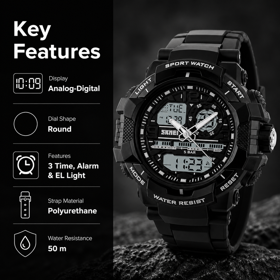 Analog-Digital Watch for Men with Black Polyurethane Strap and Round Dial for Casual & Formal Wear