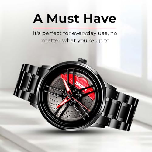 SKMEI Stainless Steel Men Analogue Watch New Wheels Rolling Creative Fashion Che Youhui League Fans Butterfly Double Snap Gift Wristwatch - 1990, Grey Dial, Black Band