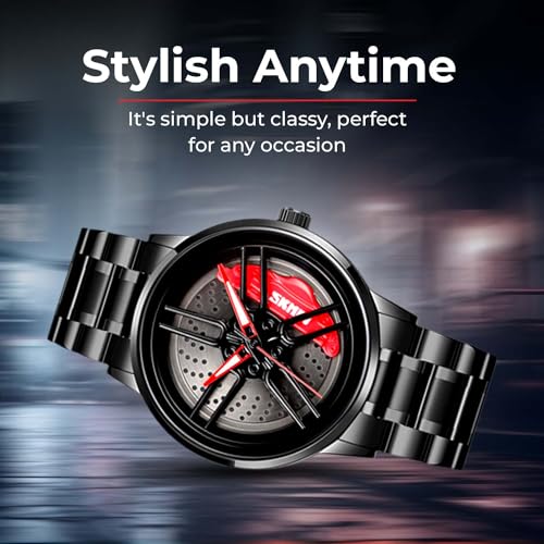 SKMEI Stainless Steel Men Analogue Watch New Wheels Rolling Creative Fashion Che Youhui League Fans Butterfly Double Snap Gift Wristwatch - 1990, Grey Dial, Black Band