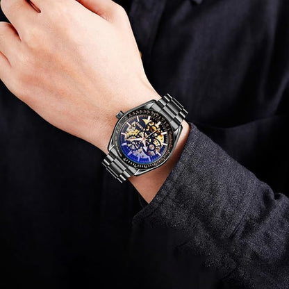 Luxury Skeleton Analog Wrist Watch with Metal Strap For Men