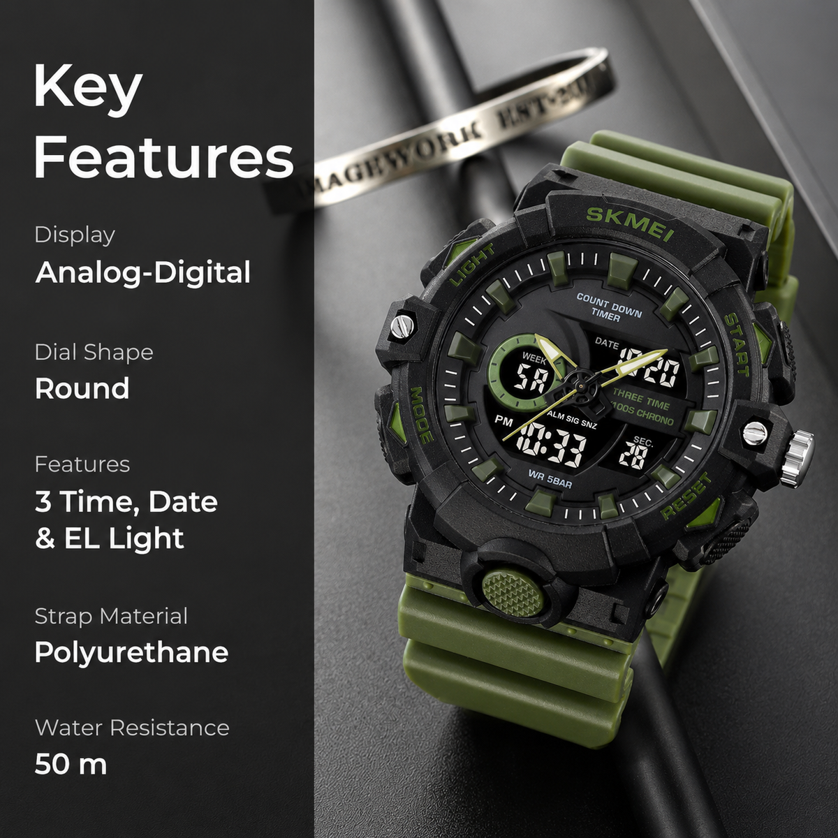 Analog-Digital Watch for Men with Army Green Silicone Strap and Round Dial for Casual & Formal Wear