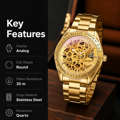 Luxury Skeleton Analog Wrist Watch with Metal Strap For Men