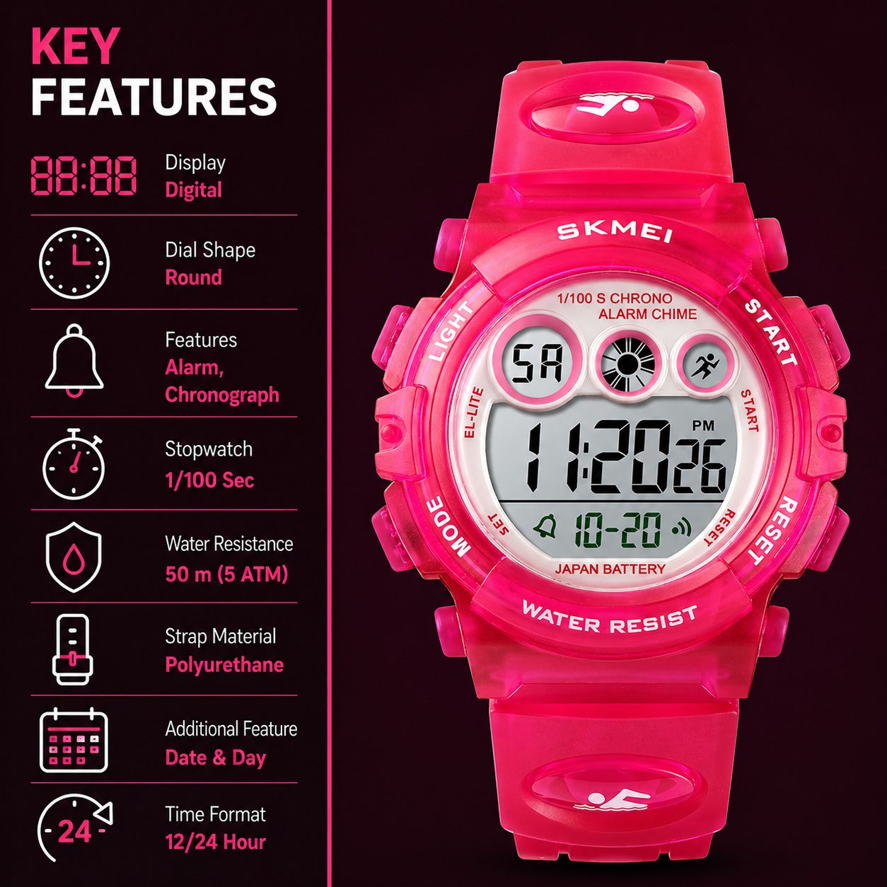 Kids Sports Multi Function Digital Watch, Multicolor Dial Sky ABS Case Kid's Watch, PU Rubber Strap Band, Waterproof LED Light Children Wristwatch