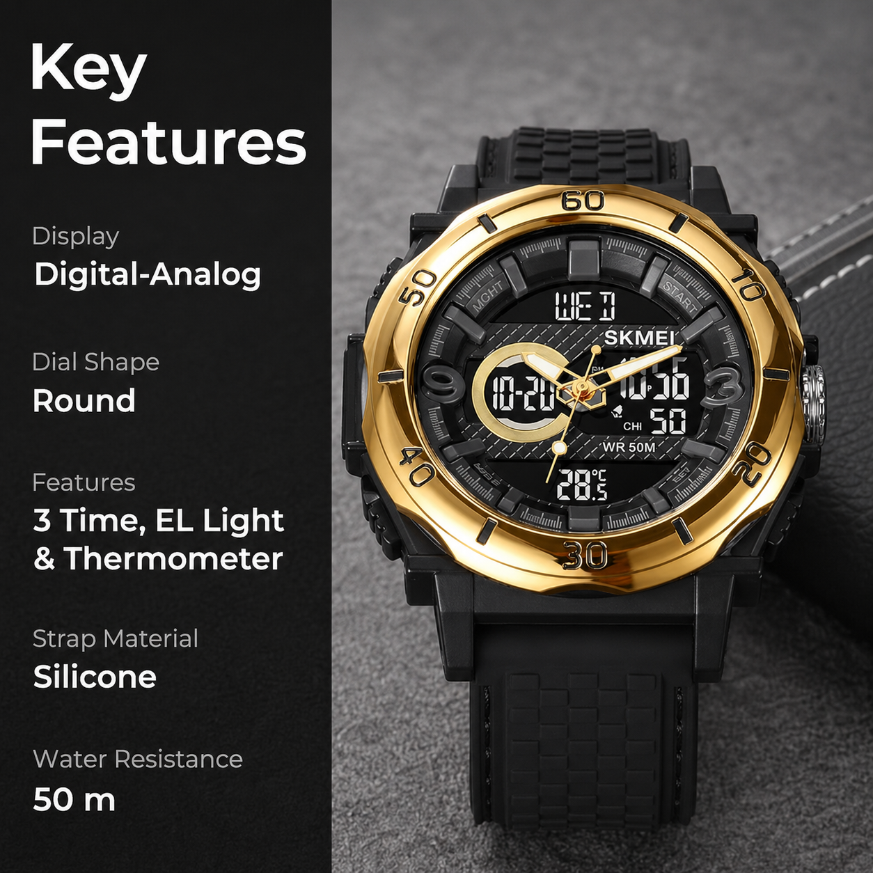 Multifunctional Men 50M Waterproof Thermometer Dual Display Digital Wrist Watch