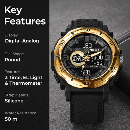 Multifunctional Men 50M Waterproof Thermometer Dual Display Digital Wrist Watch