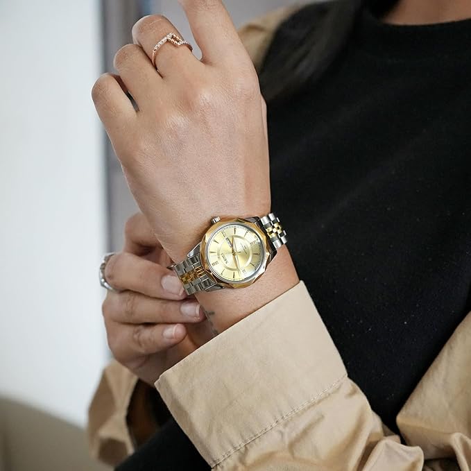 Minimalist Stainless Steel Watch with Date Week Display Simple dial Push-Button Clasp