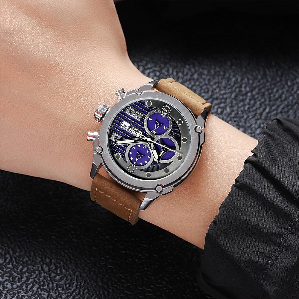 Premium Leather Chronograph Wristwatch with Textured Multi-Dial