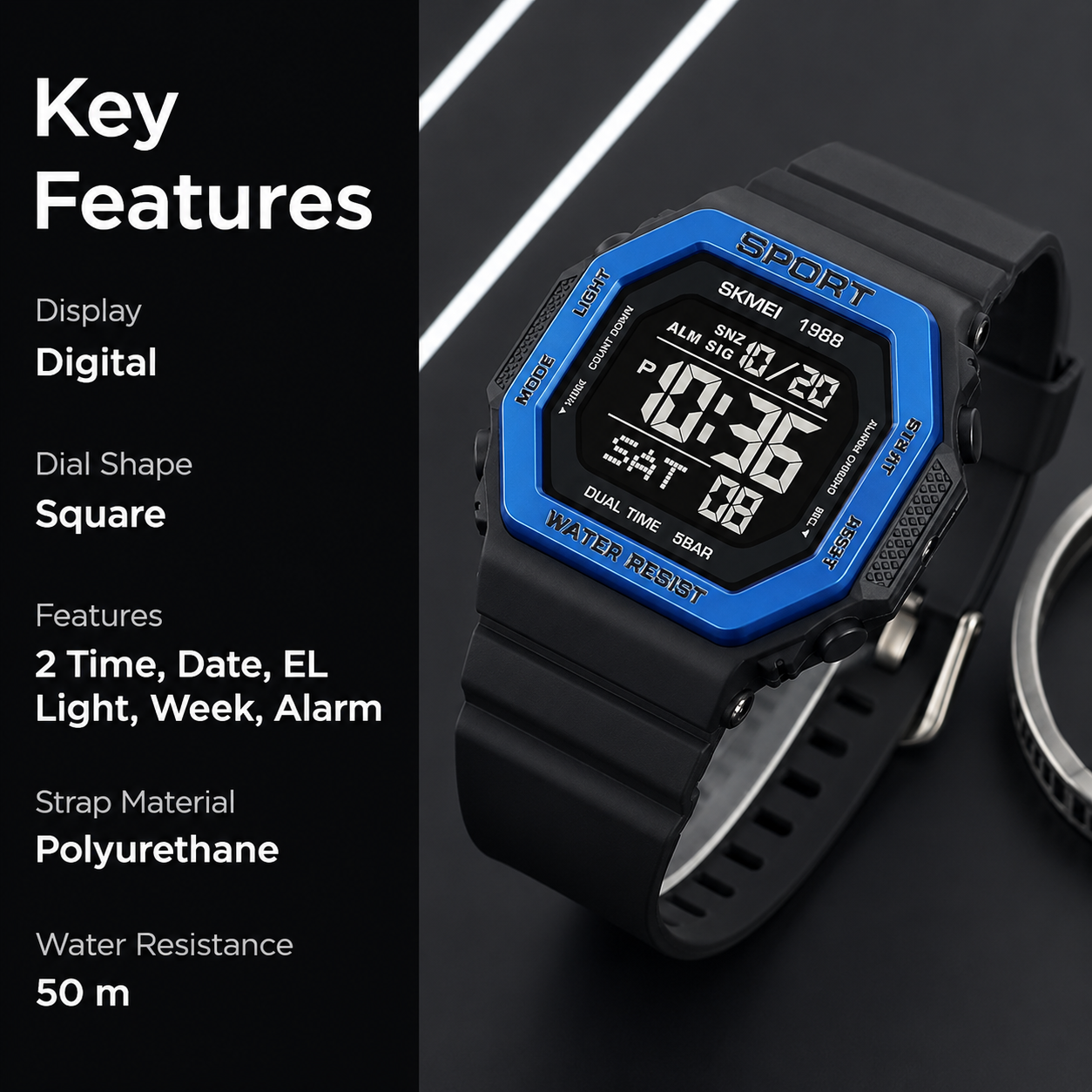 Stylish Digital Sports Watch for Men with Square Dial Dual Time Alarm Stopwatch Luminous Display and Durable Strap