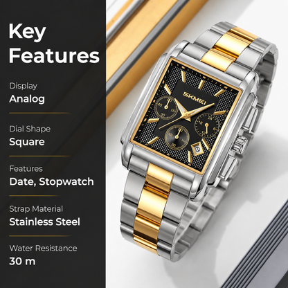 Classic Rectangular Analog Wrist Watch with Date Display and Metal Strap for men