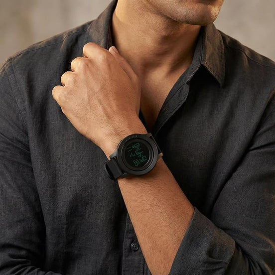 Digital Watch for Men with Black Polyurethane Strap and Round Dial for Casual & Formal Wear