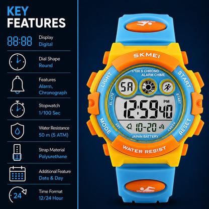 Kids Sports Multi Function Digital Watch, Multicolor Dial Sky ABS Case Kid's Watch, PU Rubber Strap Band, Waterproof LED Light Children Wristwatch