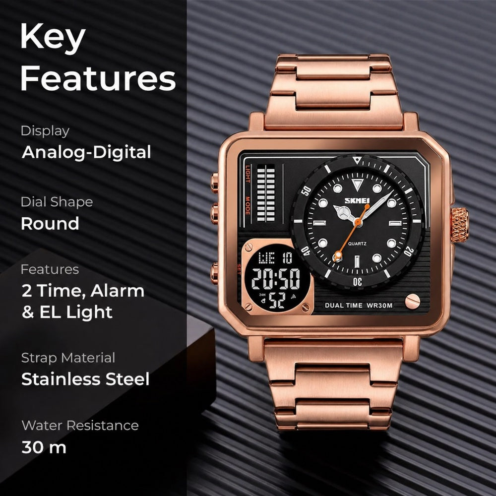 Dual Display Square Dial Wrist Watch with Metal Strap For Men