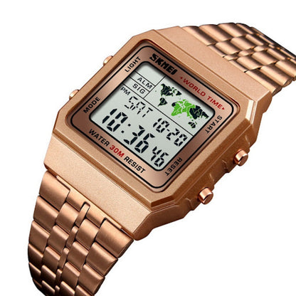Vintage Digital Wrist Watch with Metal Strap and World Time Display For Men