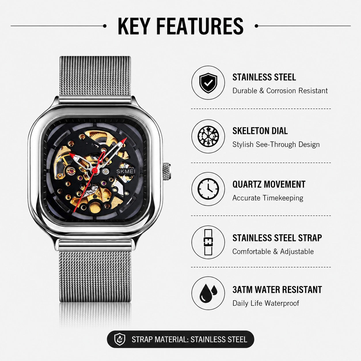 Skeleton Automatic Mechanical Watch for Men with Square Dial and Mesh Strap