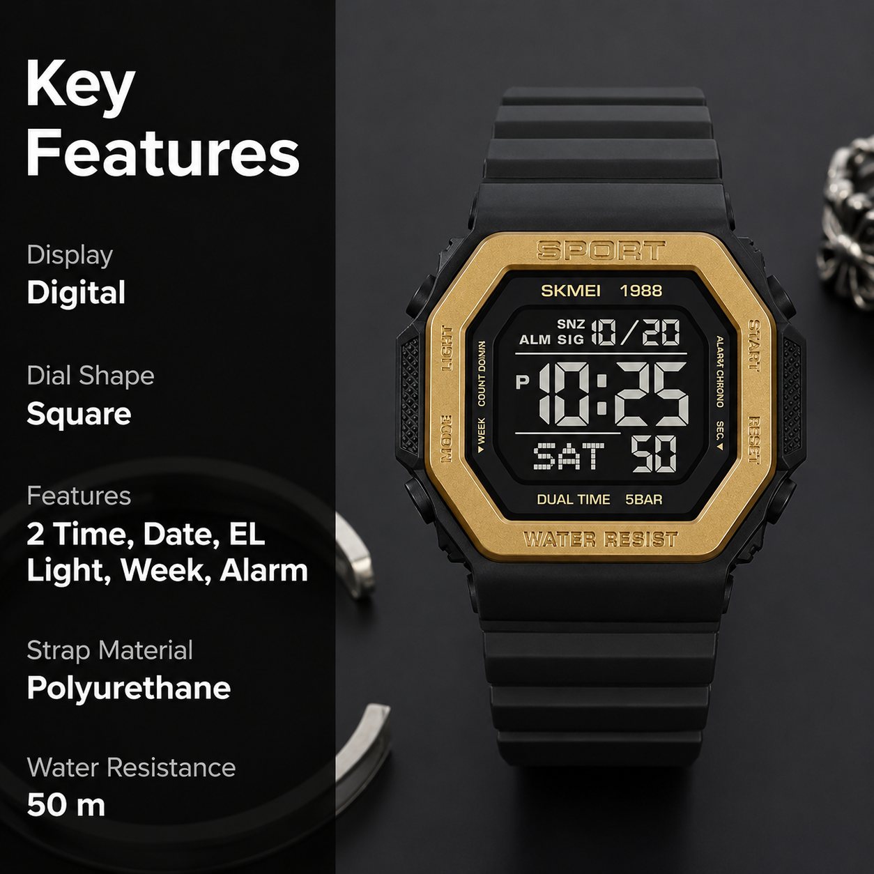 Stylish Digital Sports Watch for Men with Square Dial Dual Time Alarm Stopwatch Luminous Display and Durable Strap