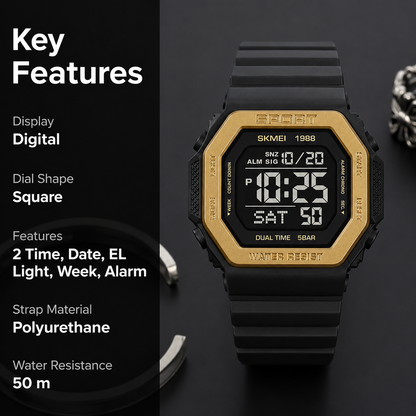 Stylish Digital Sports Watch for Men with Square Dial Dual Time Alarm Stopwatch Luminous Display and Durable Strap