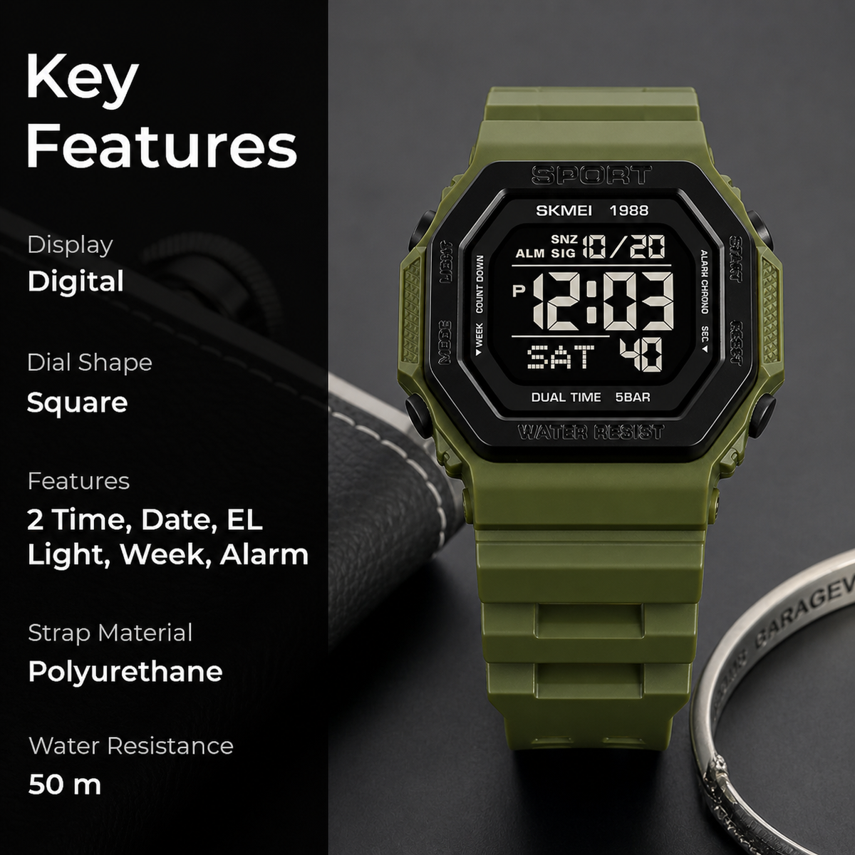 Digital Watch for Men with Army Green Silicone Strap and Round Dial for Casual & Formal Wear