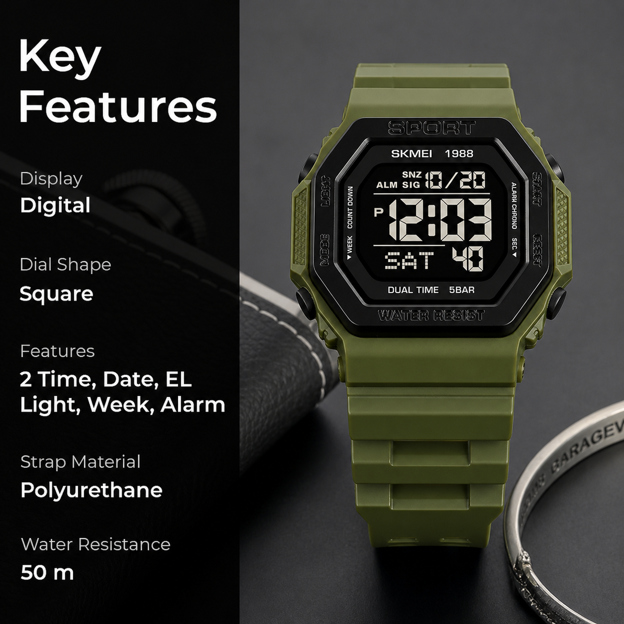 Digital Watch for Men with Army Green Silicone Strap and Round Dial for Casual & Formal Wear
