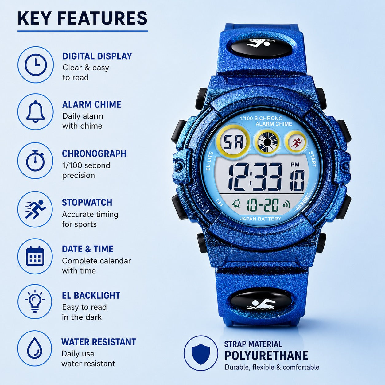 Kids Sports Multi Function Digital Watch, Multicolor Dial Sky ABS Case Kid's Watch, PU Rubber Strap Band, Waterproof LED Light Children Wristwatch