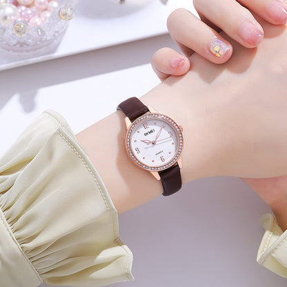 Elegant Women Wristwatch with Sparkling Rhinestone Bezel and Textured Strap