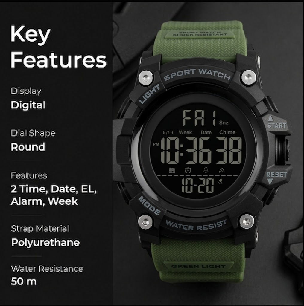 Rugged Digital Sports Watch for Men with Dual Time Display, Alarm, LED Light and Outdoor Style Strap