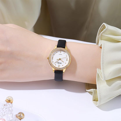 Elegant Women Wristwatch with Sparkling Rhinestone Bezel and Textured Strap