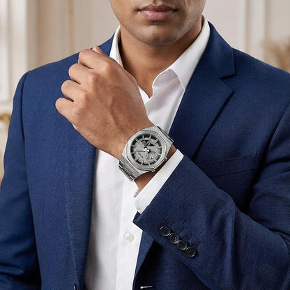 Analog-Digital Watch for Men with Silver Metal Strap and Round Dial for Casual & Formal Wear