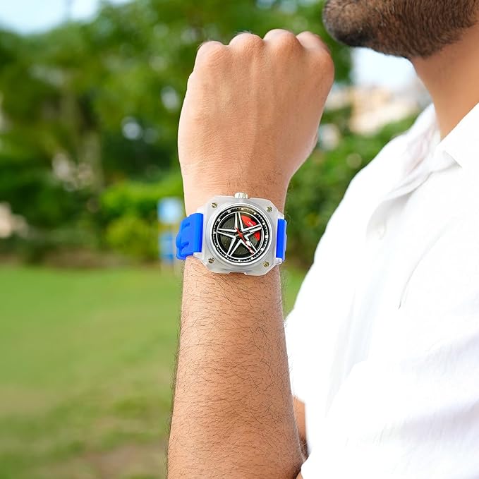 Silicone Men’s Analog Quartz Sports Watch Waterproof & Trendy Wheels Rolling Design