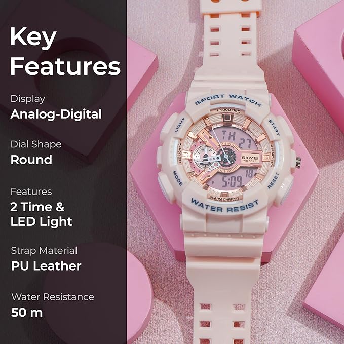 Resin Pink Dial Analogue Digital Men Watch Pink Band