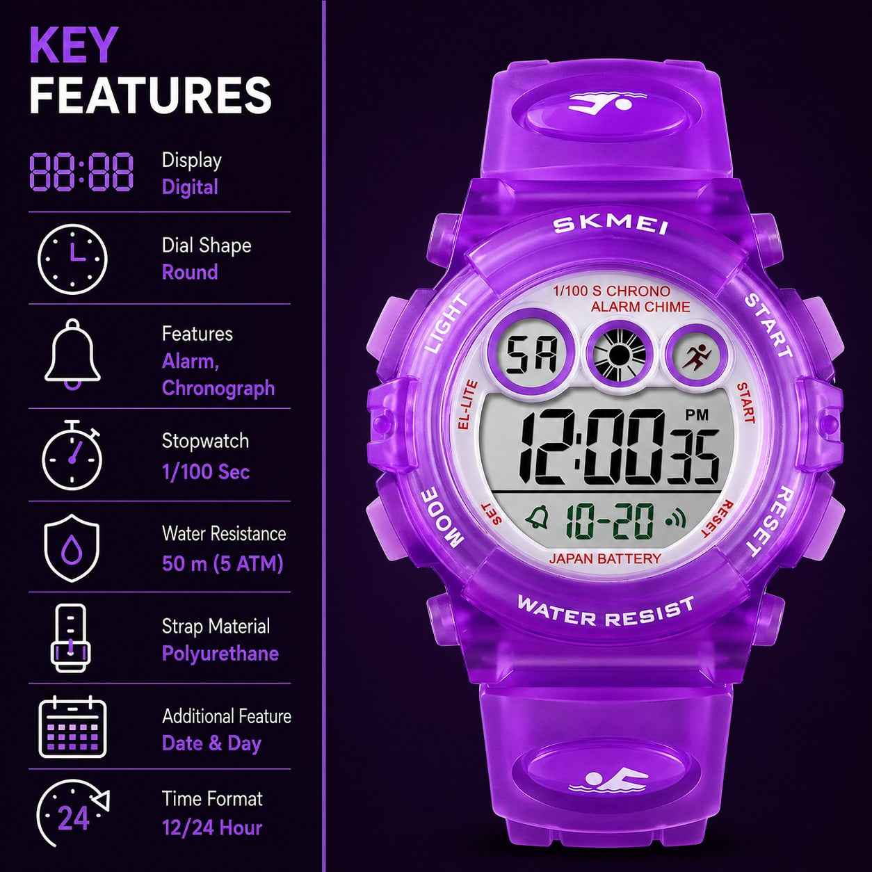 Kids Sports Multi Function Digital Watch, Multicolor Dial Sky ABS Case Kid's Watch, PU Rubber Strap Band, Waterproof LED Light Children Wristwatch