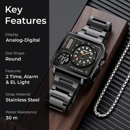 Dual Display Square Dial Wrist Watch with Metal Strap For Men