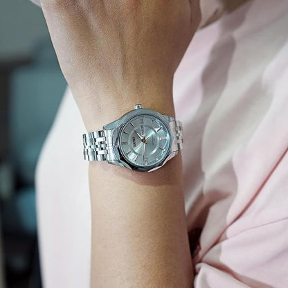 Minimalist Stainless Steel Watch with Date Week Display Simple dial Push-Button Clasp