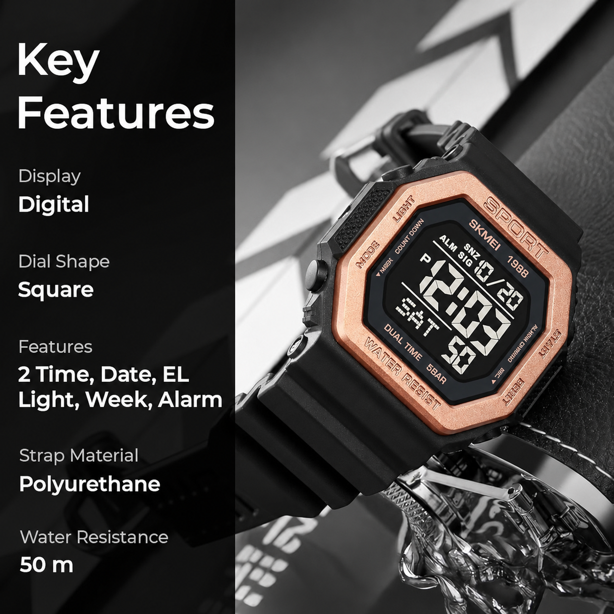 Stylish Digital Sports Watch for Men with Square Dial Dual Time Alarm Stopwatch Luminous Display and Durable Strap