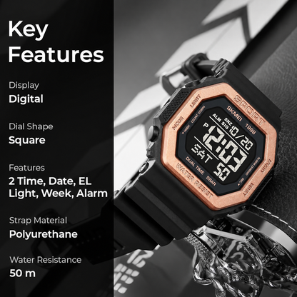 Stylish Digital Sports Watch for Men with Square Dial Dual Time Alarm Stopwatch Luminous Display and Durable Strap