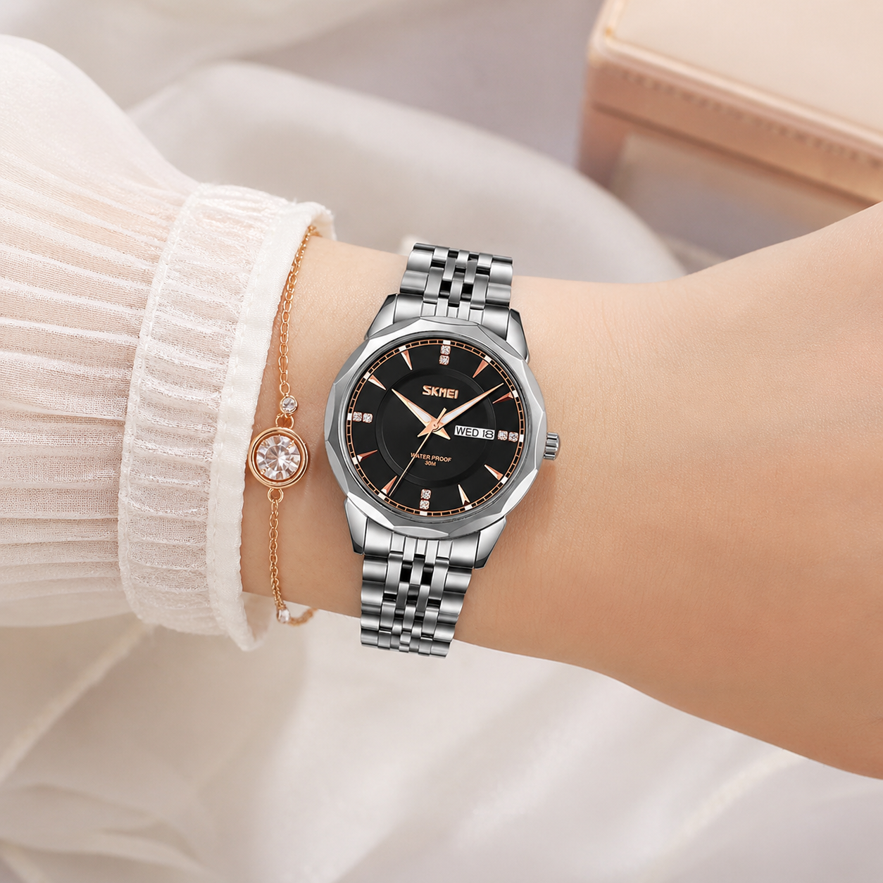 Minimalist Stainless Steel Watch with Date Week Display Simple dial Push-Button Clasp