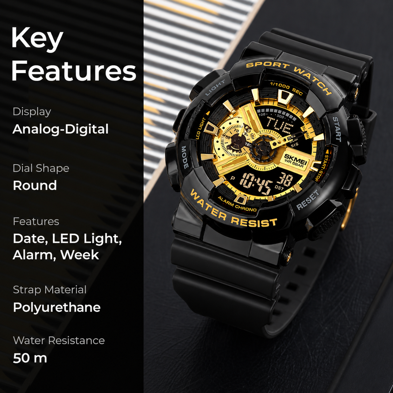 Men's Digital Sports Watch, LED Square Large Face Analog Quartz Wrist Watch with Multi-Time Zone Waterproof Stopwatch