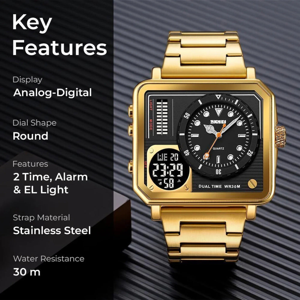 Dual Display Square Dial Wrist Watch with Metal Strap For Men