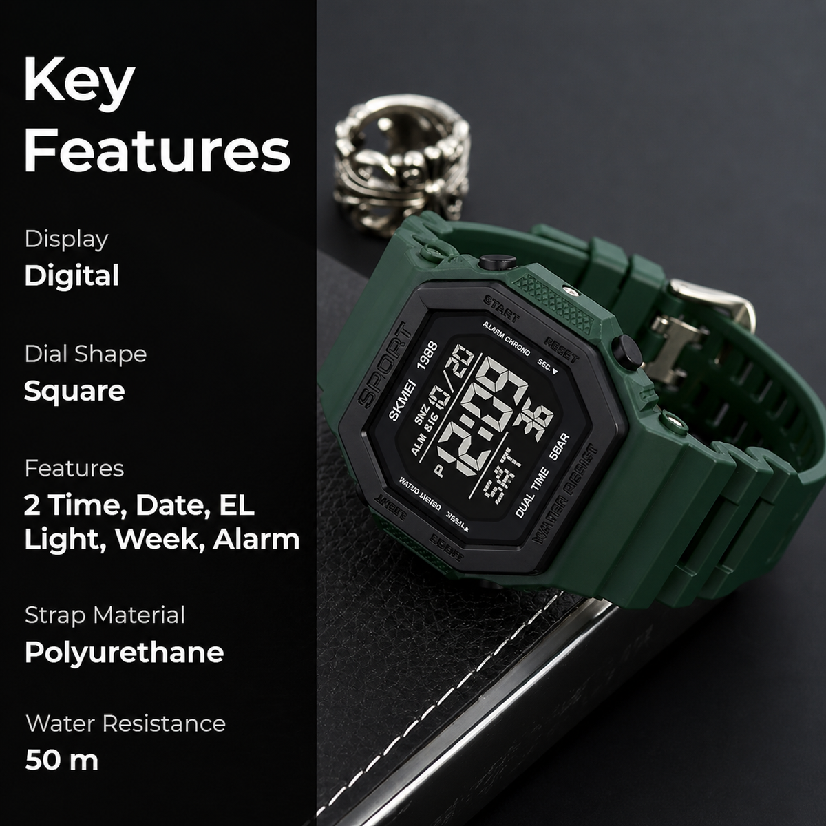 Digital Watch for Men with Dark Green Polyurethane Strap and Round Dial for Casual & Formal Wear