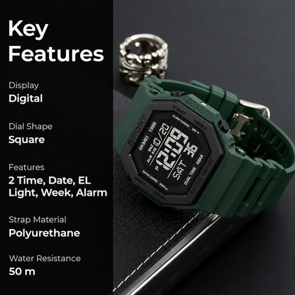 Stylish Digital Sports Watch for Men with Square Dial Dual Time Alarm Stopwatch Luminous Display and Durable Strap