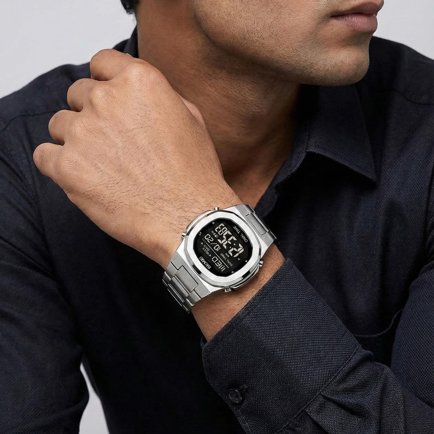 Premium Digital Sports Watch for Men with Stainless Steel Strap, Waterproof Style Wrist Watch for Casual Outdoor and Daily Wear