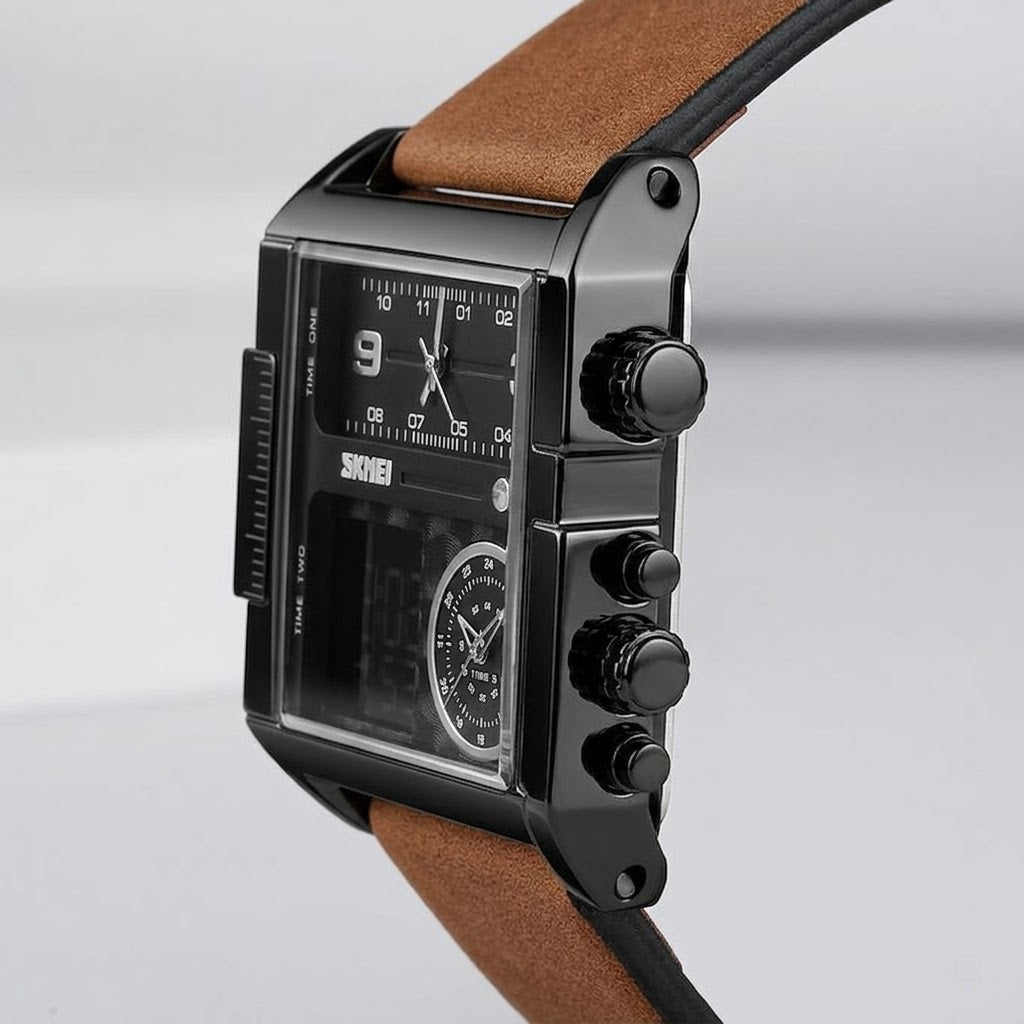 Multi Display Analog Digital Wrist Watch with Leather Strap For Men