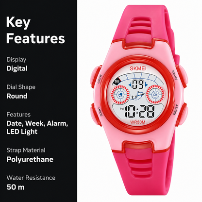 Digital Kids Watch LED Display, Round Dial, Waterproof Sports Watch with Alarm, Date & Comfortable Strap