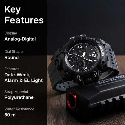 Rugged Analog Digital Sports Watch for Men with Multi Function Display and Durable Polyurethane Strap