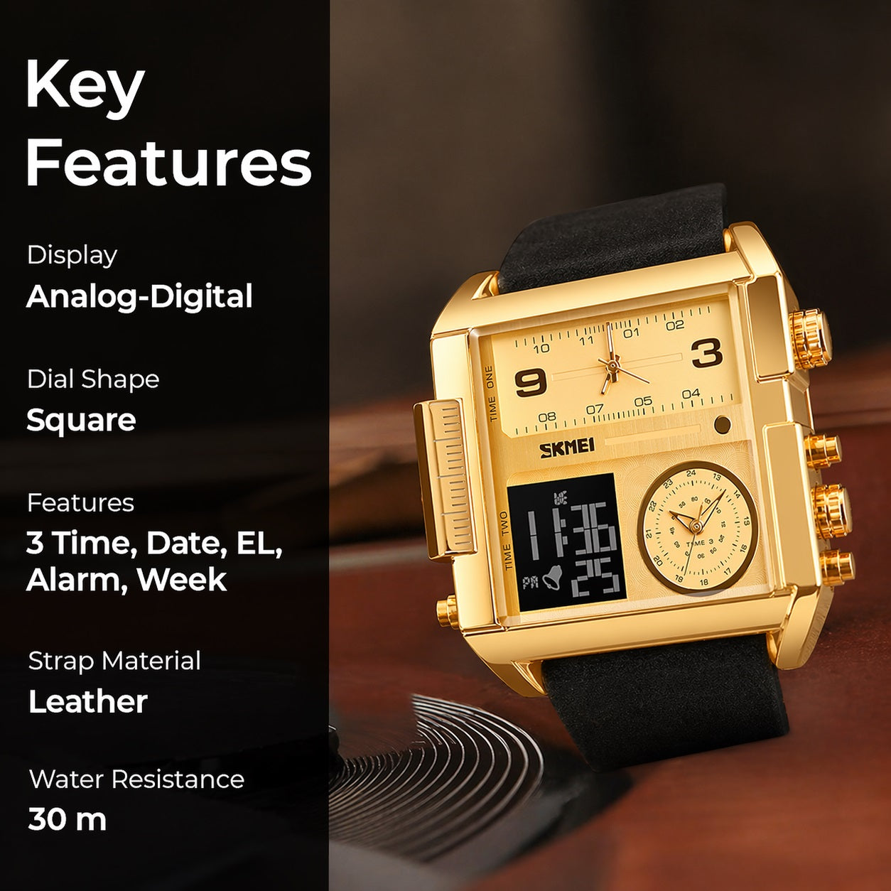 Multi Display Analog Digital Wrist Watch with Leather Strap For Men