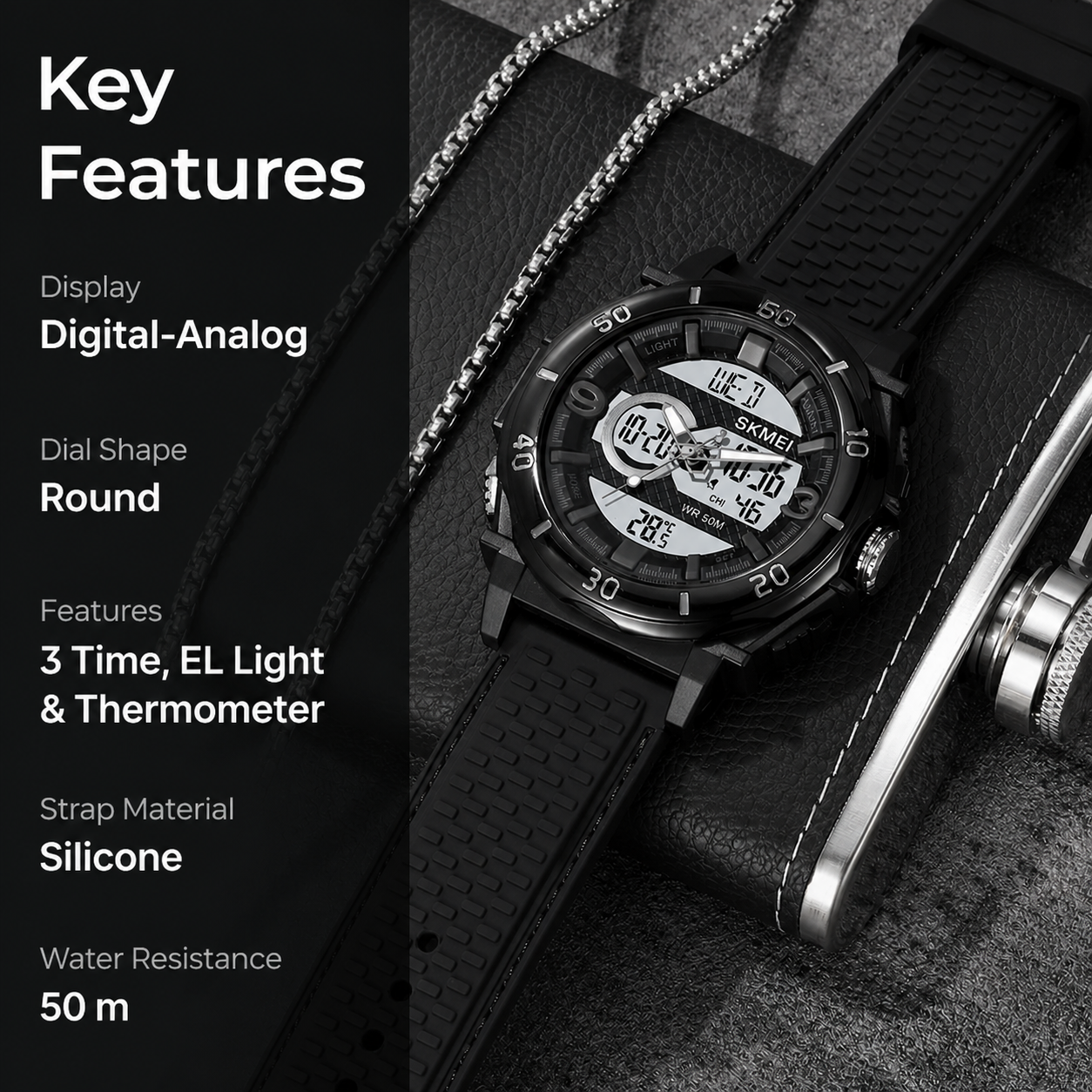 Multifunctional Men 50M Waterproof Thermometer Dual Display Digital Wrist Watch