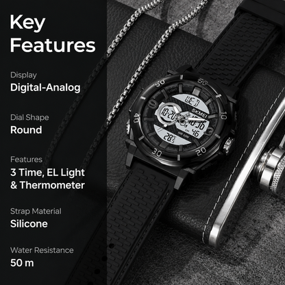 Multifunctional Men 50M Waterproof Thermometer Dual Display Digital Wrist Watch