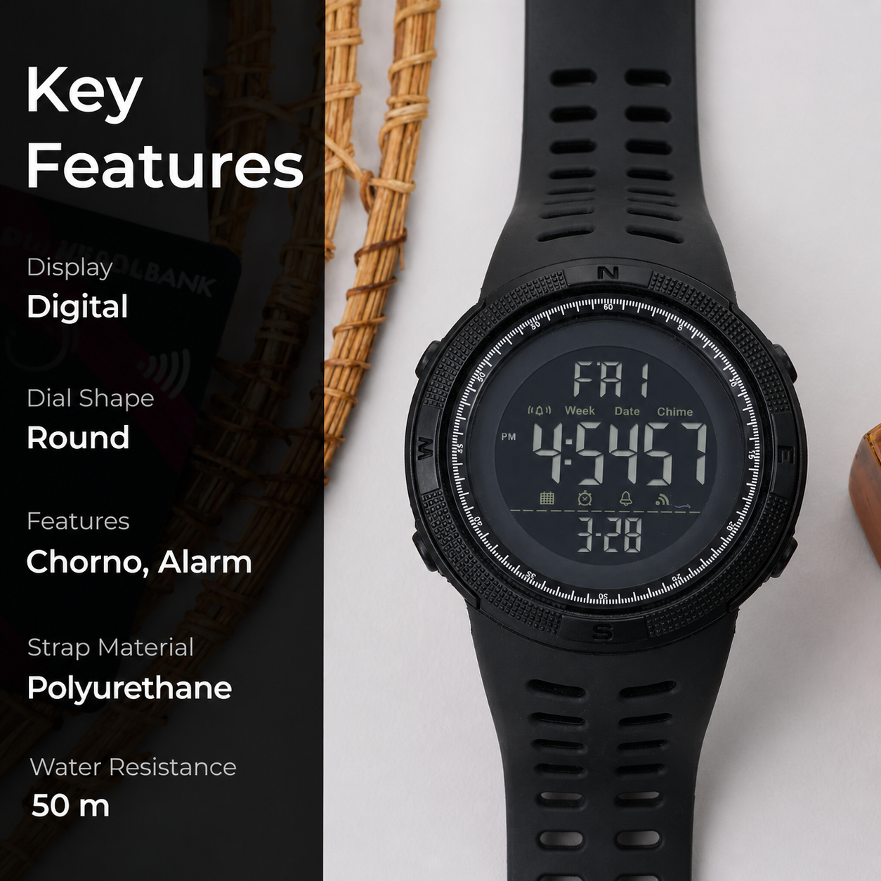 Stealth Outdoor Digital Sports Watch with Rugged Silicone Strap and Multifunction Display