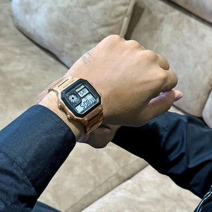 Premium Digital Watch for Men with Square Dial Dual Time Alarm Stopwatch and Metal Strap