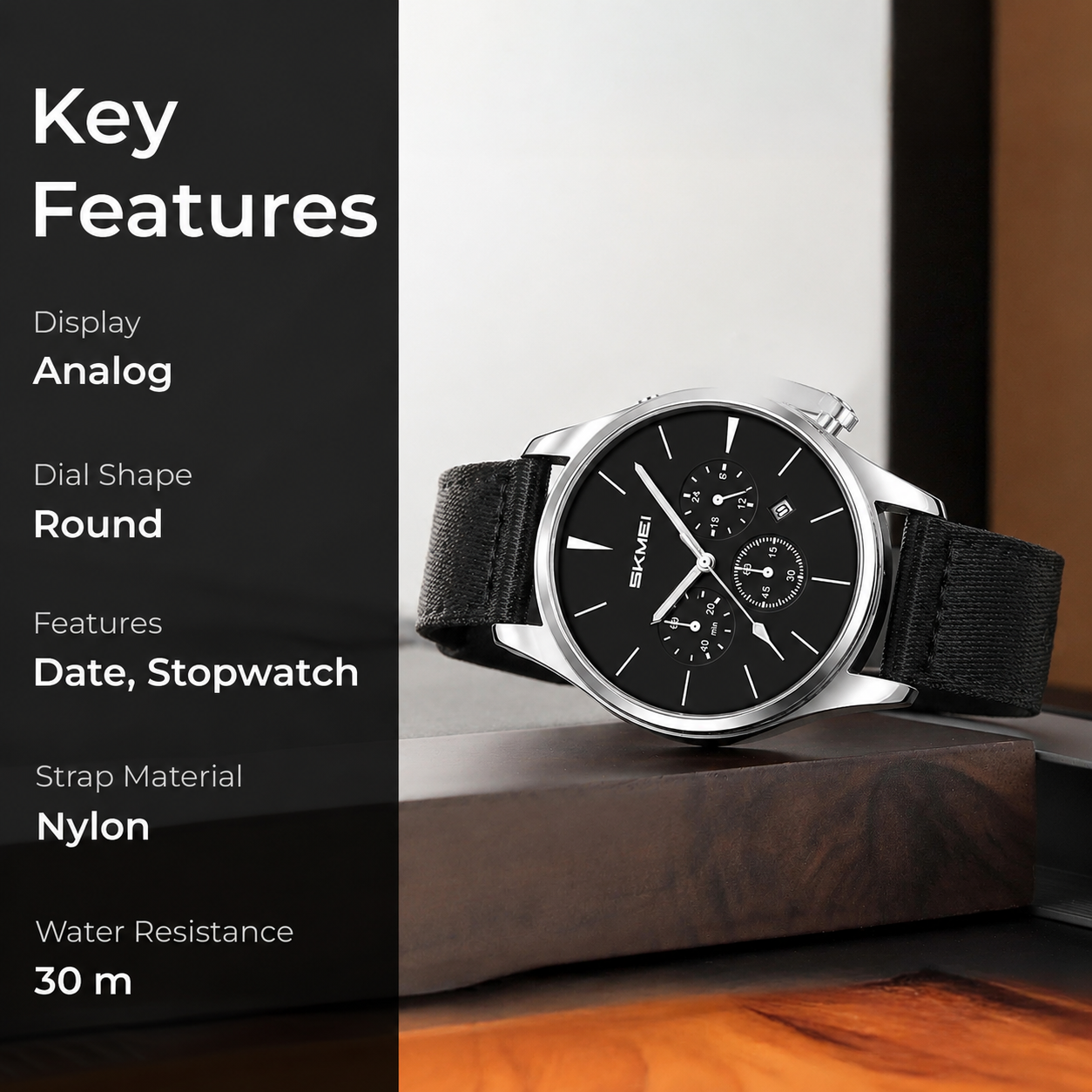 Classic Chronograph Style Analog Watch with Fabric Strap