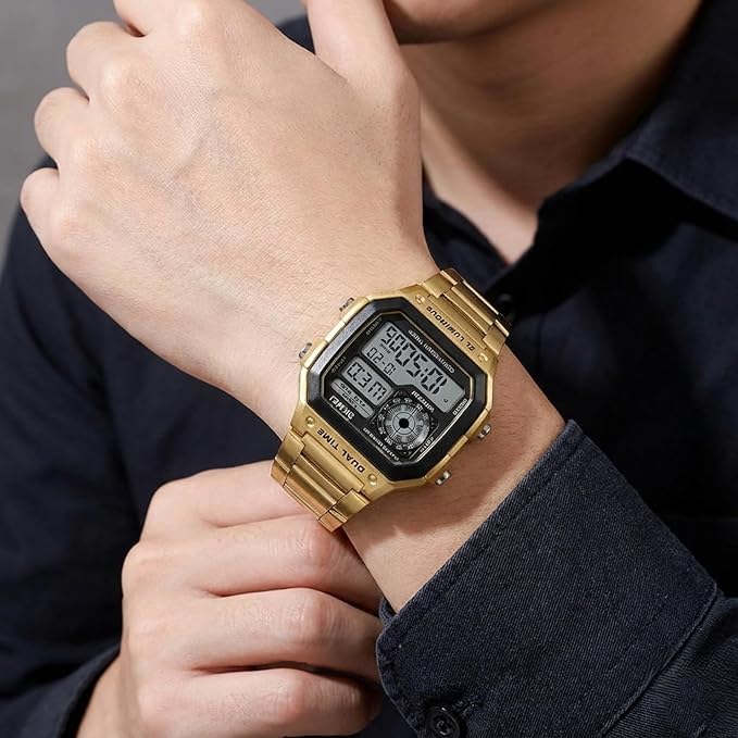 Premium Digital Watch for Men with Square Dial Dual Time Alarm Stopwatch and Metal Strap